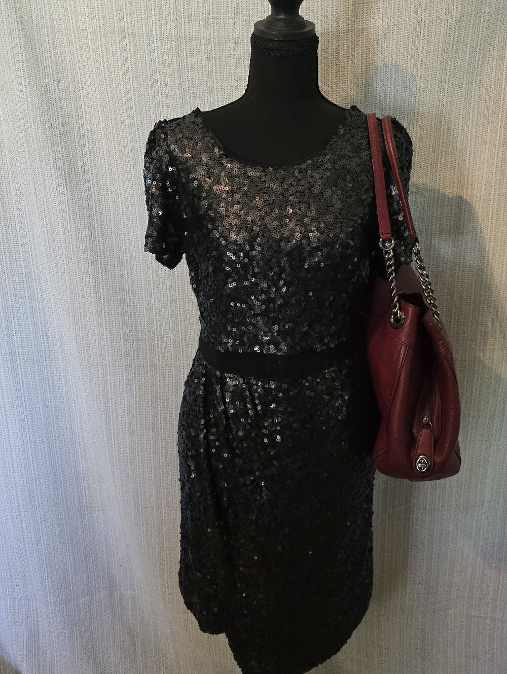 Black Sequin, Short Sleeve, Faux Wrap Miss Me Couture Mini Cocktail Dress